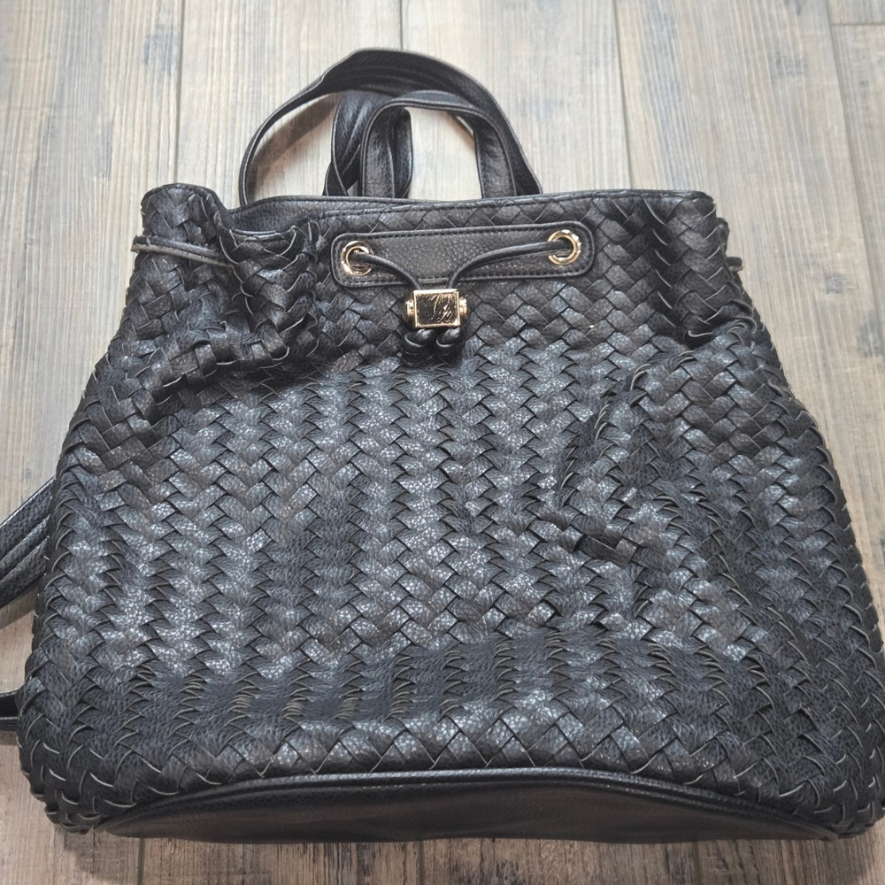 Anthropologie Deux Lux Black Woven Faux Leather Backpack Drawstring Flap Closure